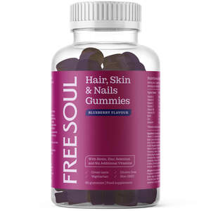 Image for mark UK00004278628 FREE SOUL Hair, Skin & Nails Gummies BLUEBERRY FLAVOUR With Biotin, Zinc, Selenium and Six Additional Vitamins Great Taste Vegetarian Gluten free Non GMO 60 gummies | Food Supplement