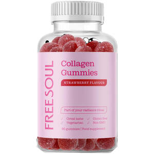 Image for mark UK00004278897 FREE SOUL Collagen Gummies STRAWBERRY FLAVOUR Part of your radiance ritual Great taste Vegetarian Gluten free Non GMO 60 gummies | Food supplement
