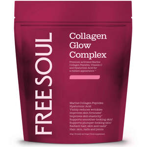 Image for mark UK00004294909_1of2 FREE SOUL Collagen Glow Complex Premium-activated Marine Collagen Peptides, Vitamin C and Hyaluronic Acid for a radiant appearance. 1,2 Marine Collagen Peptides Hyaluronic Acid Visibly reduces wrinkles Improves skin firmness1* Improves skin elasticity1* Supports smoother-looking skin1 Supports plumper-looking skin1 Radiant hair, skin and nails2* Hair, skin, nails and joints