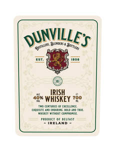 Image for mark UK00004399578 DUNVILLE'S DISTILLERS, BLENDERS & BOTTLERS 
EST. 1808 
DUNVILLES & CO. LTD BOTTTLED IN BOND IRISH WHISKEY 
ALC 40% VOL 700 ML 
TWO CENTURIES OF EXCELLENCE. 
EXQUISITE AND ENDURING. BOLD AND TRUE. WHISKEY WITHOUT COMPROMISE. 
PRODUCT OF BELFAST ~ IRELAND ~