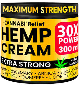 Image for mark UK00004201145 MAXIMUM STRENGTH CANNABI RELIEF HEMP CREAM 30X POWER 300ML EXTRA STRONG VEGAN NATURAL 

HEMP ROSEMARY ARNICA EUCALYPTUS MENTHOL COMFREY LICORICE ROOT