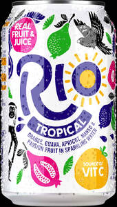 Image for mark UK00004189692 REAL FRUIT & JUICE 
RIO
TROPICAL 
ORANGE, GUAVA, APRICOT, MANGO & PASSION FRUIT IN SPARKLING WATER 
SOURCE OF VIT C