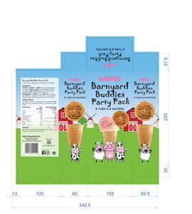 Image for mark UK00004212996 8 TUBS & 8 WAFERS PARTY PACK BARNYARD BUDDIES 37.5 WAFER WAFER WAFER BARNYARD BUDDIES PARTY PACK WAFER 8 TUBS WITH SWEETENER & 8 BARNYARD WAFERS BARNYARD BARNYARD BARNYARD INGREDIENTS: BUDDIES BUDDIES BUDDIES TUB CONE: WATER, WHEAT FLOUR (WHEAT FLOUR, CALCIUM CARBONATE, NIACIN, IRON, THIAMINE), WHEAT FIBRE, SOYA OIL, EMULSIFIER: SOYA LECITHIN E322, CARAMEL COLOUR [WHEAT, SULPHITES], RAISING AGENT: