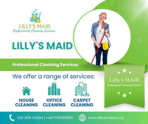 Image for mark UK00004213204 LILLY'S MAID PROFESSIONAL CLEANING SERVICES LILLY'S MAID PROFESSIONAL CLEANING SERVICES WE OFFER A RANGE OF SERVICES: LILLY'S MAID PROFESSIONAL CLEANING SERVICES HOUSE OFFICE CARPET CLEANING CLEANING CLEANING 020 805 04284 | +447791293900 WWW.LILLYSMAID.CO.UK