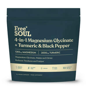 Image for mark UK00004252590 FREE SOUL 4-IN-1 MAGNESIUM GLYCINATE + TURMERIC & BLACK PEPPER 1283MG MAGNESIUM 2000MG TURMERIC MAGNESIUM GLYCINATE, MALATE AND CITRATE REDUCES TIREDNESS AND FATIGUE* 1 MONTH SUPPLY GLUTEN FREE VEGAN NON GMO MADE IN THE UK 90 VEGAN CAPSULES - FOOD SUPPLEMENT