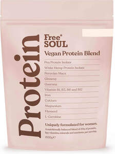 Image for mark UK00004267652_1of4 FREE SOUL VEGAN PROTEIN BLEND PEA PROTEIN ISOLATE WHITE HEMP PROTEIN ISOLATE PERUVIAN MACA GINSENG GUARANA VITAMIN BI, B3, B6 AND B12 IRON CALCIUM MAGNESIUM FLAXSEED L-CARNITINE UNIQUELY FORMULATED FOR WOMEN. A NUTRITIONALLY BALANCED BLEND OF 20G OF PROTEIN, KEY VITAMINS, MINERALS AND NUTRIENTS, PER SERVING. 600G ℮ PROTEIN