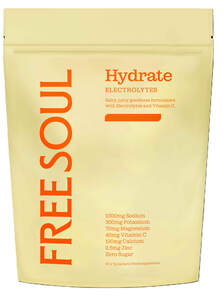 Image for mark UK00004279223_1of3 FREE SOUL Hydrate ELECTROLYTES Salty, juicy goodness formulated with Electrolytes and Vitamin C. 1000mg Sodium 300mg Potassium 70 mg Magnesium 40mg Vitamin C 120mg Calcium 2.5mg Zinc Zero Sugar 30 x 7g sachets | Food supplement