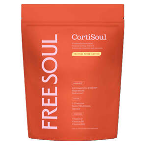 Image for mark UK00004278400 FREESOUL CortiSoul A carefully-formulated tropical-tasting, blend of botanicals, vitamins and minerals. Tropical Twist Flavour BALANCE Ashwagandha KSM-66® Magnesium Bioperine® CALM L-Theanine Reishi Mushroom Glycine RESTORE Vitamin C Vitamin B6 Vitamin B12 240g | 30 daily servings | Food supplement