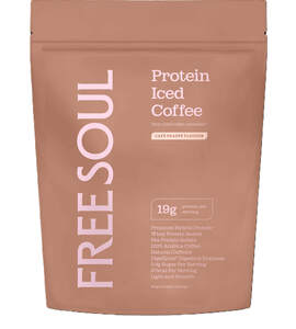 Image for mark UK00004278595 FREE SOUL Protein Iced Coffee Your iced coffee, elevated.* CAFÉ FRAPPÉ FLAVOUR 19g protein per serving Premium Hybrid Protein* Whey Protein Isolate Pea Protein Isolate 100% Arabica Coffee Natural Caffeine DigeZyme® Digestive Enzymes 0.9g Sugar Per Serving 97kcal Per Serving Light and Smooth 500g | 20 daily servings