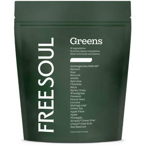 Image for mark UK00004279599_1of4 FREE SOUL Greens 21 ingredients. Nutrient dense real greens, fibre-rich foods and plants. Ashwagandha KSM-66® Spinach Kale Broccoli Alfalfa Spirulina Chlorella Maca Barley Grass Wheatgrass Flaxseed Fennel Seed Lucuma Moringa Leaf Green Tea Apple Fibre Apple Pineapple Actazin® Green Kiwi Livaux® Gold Kiwi Red Beetroot 150g | 30 daily servings