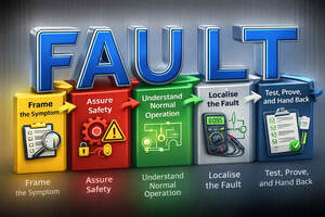 Image for mark UK00004376495 FAULT Frame the Symptom Assure Safety Understand Normal Operation Localise the Fault Test, Prove, and Hand Back