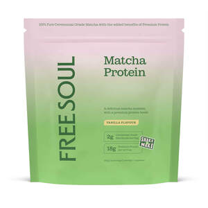 Image for mark UK00004380293 FREESOUL Matcha Protein A delicious matcha moment, with a premium protein boost. VANILLA FLAVOUR 2g Ceremonial Grade Matcha per serving 18g Premium Protein per serving 250g | 10 servings | 1 serving = 1 espresso1 100% Pure Ceremonial Grade Matcha with the added benefits of Premium Protein