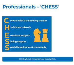Image for mark UK00004397150 PROFESSIONALS - 'CHESS' C ONTACT WITH A TRAINED KEY WORKER H EALTHCARE REFERRALS E MOTIONAL SUPPORT S IBLING SUPPORT S PECIALIST GUIDANCE & COMMUNITY CHESS. WARMTH, COMPASSION AND PROACTIVE HELP.