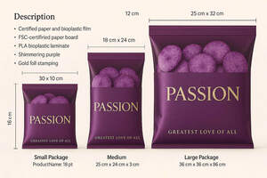 Image for mark UK00004338557 PASSION
GREATEST LOVE OF ALL
DESCRIPTION
Certified paper and bioplastic film
FSC - certifiried paper board
PLA bioplastic laminate
Shimmering purple
Gold Foll stamping
30 x 10 cm
16 cm
Small Package 
ProductName: 18 pt 
18 cm x 24 cm
Medium
25 cm x 24 cm x 3 cm
12 cm
25 cm x 32 cm
Large Package
36 cm x 36 cm x 86 cm