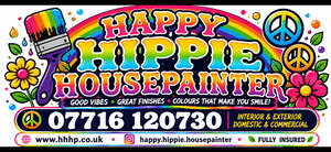 Image for mark UK00004418062 HAPPY HIPPIE HOUSEPAINTER GOOD VIBES . GREAT FINISHES . COLOURS THAT MAKE YOU SMILE! 07716 120730 INTERIOR & EXTERIOR DOMESTIC & COMMERCIAL WWW.HHHP.CO.UK HAPPY.HIPPIE.HOUSEPAINTER FULLY INSURED