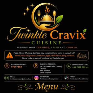 Image for mark UK00004436556 TWINKLE CRAVIX CUISINE FEEDING YOUR CRAVINGS, FRESH AND COOKED. FOOD ALLERGY WARNING: OUR FOOD MAY CONTAIN OR HAVE COME IN CONTACT WITH WHEAT, FISH, SOY, PEANUTS, TREE NUTS, EGGS, SHELL FISH OR DAIRY PRODUCTS. G PLEASE MAKE US AWARE IF YOU HAVE ANY FOOD ALLERGIES BUSINESS REG NO .: BUSINESS ADDRESS: PHONE / WHATSAPP: 17317152 FLAT 2, 43 QUEENS ROAD, COVENTRY. CV1 3EH +44 7918 592141 WEST MIDLANDS
