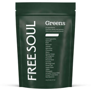 Image for mark UK00004430711_1of4 FREESOUL Greens 21 ingredients. Nutrient dense real greens, fibre-rich foods and plants. Ashwagandha Spinach Kale Broccoli Alfalfa Spirulina Chlorella Maca Barley Grass Wheatgrass Flaxseed Fennel Seed Lucuma Moringa Leaf Green Tea Apple Fibre Apple Pineapple Actazin&reg; Green Kiwi Livaux&reg; Gold Kiwi Red Beetroot 150g | 30 daily servings