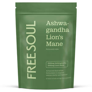 Image for mark UK00004430690 FREESOUL Ashwa- gandha Lion's Mane Focus and calm. 3000mg Ashwagandha 5000mg Lion's Mane Advanced dual action formulation to support mental clarity and balance 60 tablets 30 daily servings Food supplement