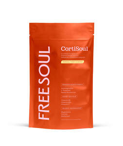 Image for mark UK00004430669 FREESOUL CortiSoul A carefully formulated, tropical-tasting, blend of botanicals, vitamins and minerals. TROPICAL TWIST FLAVOUR RESEARCH-BACKED FORMULA Ashwagandha L-Theanine Reishi Mushroom STRESS AND CALM Vitamin B6 Vitamin B12 Vitamin C BALANCE AND RESILIENCE Magnesium Glycine Bioperine 240g | 30 daily servings | Food supplement