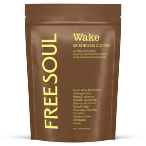 Image for mark UK00004430682 FREESOUL Wake MUSHROOM COFFEE A coffee alternative, expertly-crafted with a variety of mushrooms and botanicals. Lion's Mane Mushroom Ashwagandha Reishi Mushroom Maitake Mushroom Shiitake Mushroom Maca Powder Himalayan Pink Salt Turmeric Arabica Coffee Cinnamon Cocoa 150g | 30 daily servings