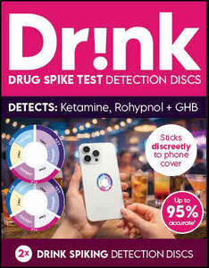Image for mark UK00004448326 DRINK DRUG SPIKE TEST DETECTION DISCS DETECTS: KETAMINE, ROHYPNOL + GHB STICKS DISCREETLY TO PHONE COVER UP TO 95% ACCURATE' 2X DRINK SPIKING DETECTION DISCS