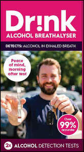 Image for mark UK00004448330 DRINK ALCOHOL BREATHALYSER DETECTS: ALCOHOL IN EXHALED BREATH PEACE OF MIND, MORNING AFTER TEST OVER 99% ACCURATE 2X ALCOHOL DETECTION TESTS