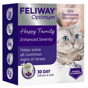 Image for mark UK00004324834_1of2 Feliway Optimum Happy Family Enhanced Serenity Helps solve all common signs of stress New Pheromone Discovery