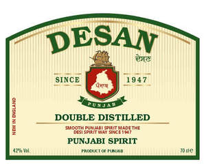 Image for mark UK00004329501 DESAN रेमेट SINCE 1947 पैमाघ PUNJAB DOUBLE DISTILLED SMOOTH PUNJABI SPIRIT MADE THE DESI SPIRIT WAY SINCE 1947 NEW IN ENGLAND PUNJABI SPIRIT 42% VOL. PRODUCT OF PUNJAB 70 CL ℮