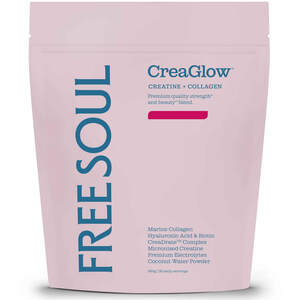 Image for mark UK00004294920 FREE SOUL CreaGlow™ CREATINE + COLLAGEN Premium quality strength* and beauty** blend. Marine Collagen Hyaluronic Acid & Biotin CreaDrate™ Complex Micronised Creatine Premium Electrolytes Coconut Water Powder 360g | 30 daily servings