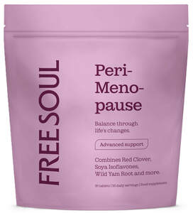 Image for mark UK00004311196 FREESOUL Peri-Meno-pause Balance through life's changes. Advanced support Combines Red Clover, Soya Isoflavones, Wild Yam Root and more. 30 tablets | 30 daily servings | Food supplement