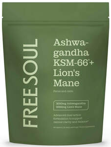 Image for mark UK00004311220 FREESOUL Ashwa- gandha KSM-66® + Lion's Mane Focus and calm. 3000mg Ashwagandha 5000mg Lion's Mane Advanced dual action formulation to support mental clarity and balance* 60 tablets | 30 daily servings | Food supplement