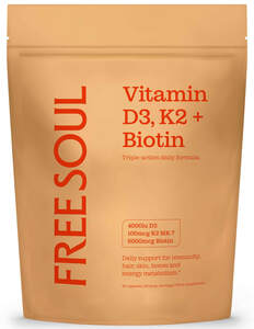 Image for mark UK00004311223 FREESOUL Vitamin D3, K2 + Biotin Triple-action daily formula. 4000iu D3 100mcg K2 MK-7 6000mcg Biotin Daily support for immunity, hair, skin, bones and energy metabolism.* 90 capsules | 90 daily servings | Food supplement