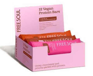 Image for mark UK00004313661 FREESOUL 12 Vegan Protein Bars 12 BARS IN 3 DELICIOUS FLAVOURS Chocolate Brownie Chocolate & Raspberry Chocolate Caramel & Peanut 100% vegan 0 gluten Gooey, chocolatey and proudly packed with protein.